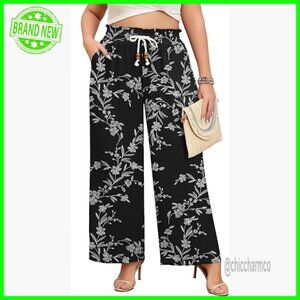 Plus Size Wide Leg Palazzo Pants High Waisted Elastic Drawstring Loose Lounge